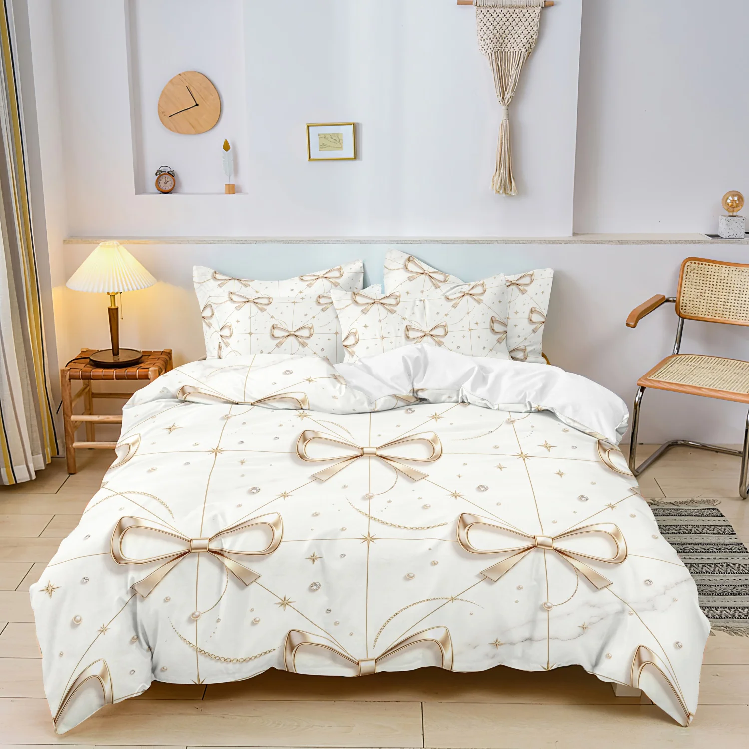 3pcs Gold Bow Bedding Duvet Cover Set, White Golden Bow Star Chain Pattern Bedding, For Family Bedrooms Dormitories Hotels