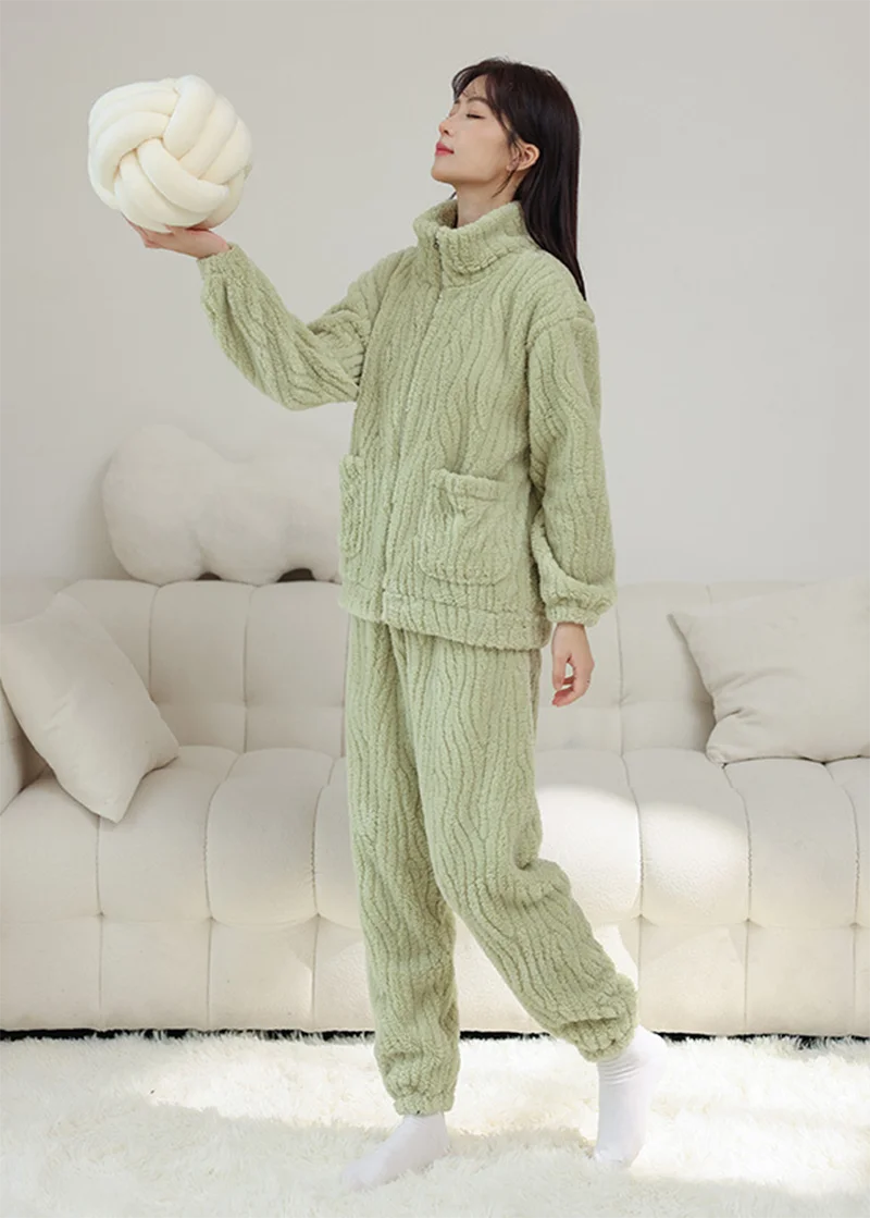 Женские теплые удобные плюшевые толстые коралловые бархатные женские большие размеры однотонные розовые светло-зеленые белые пижамы домашние костюмы