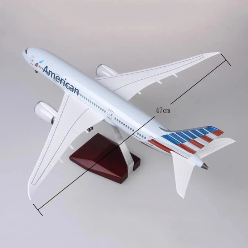 Avião escala 1:130 47cm 787 B787 Dreamliner Aeronave American Airlines Modelo W Avião de resina fundida com luz e roda