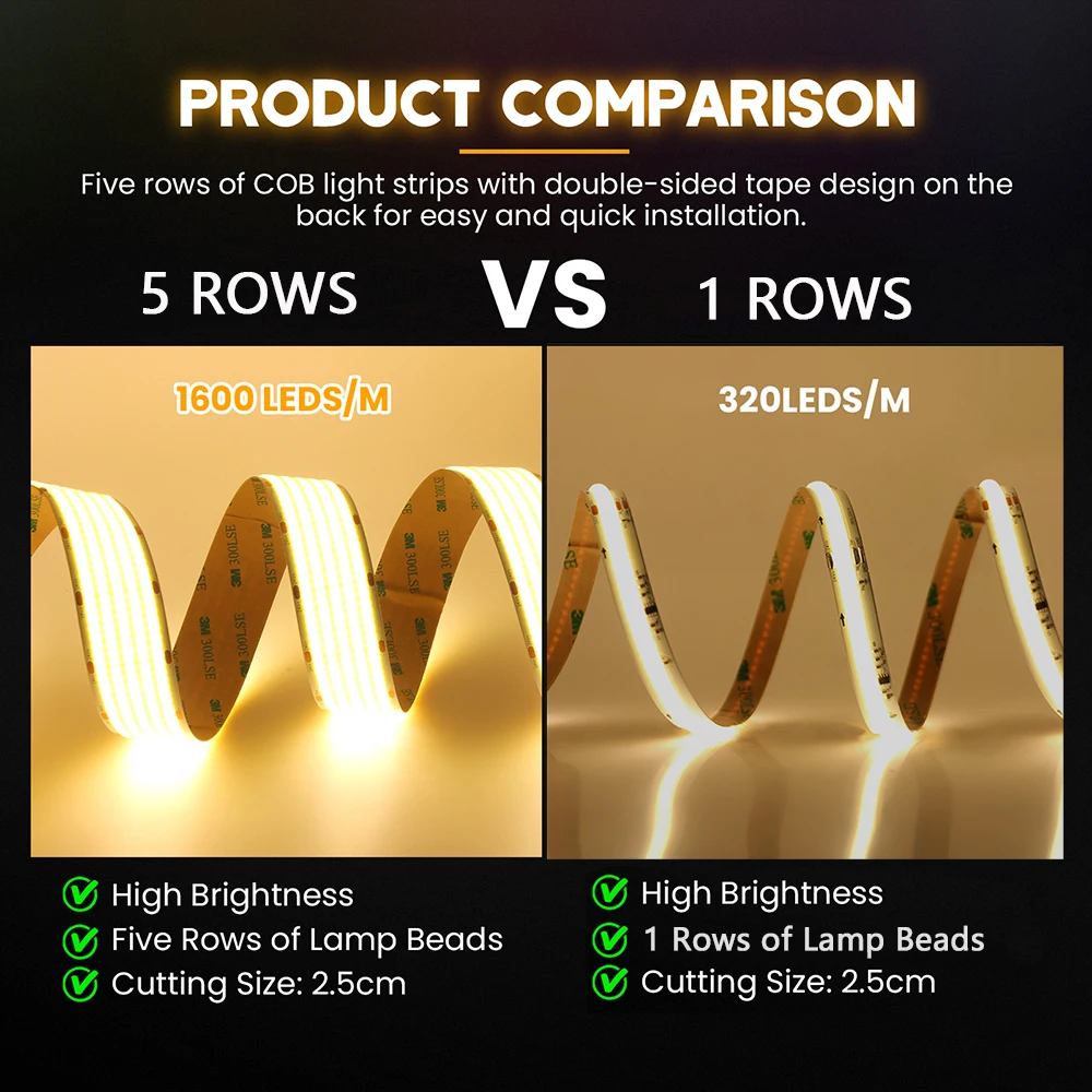 12 فولت 24 فولت 1 2 5 صفوف COB LED قطاع ضوء السوبر مشرق 320 600 1600 المصابيح شريط مرن عالية الكثافة الخطي مصباح 3000 كيلو 4000 كيلو 6000 كيلو