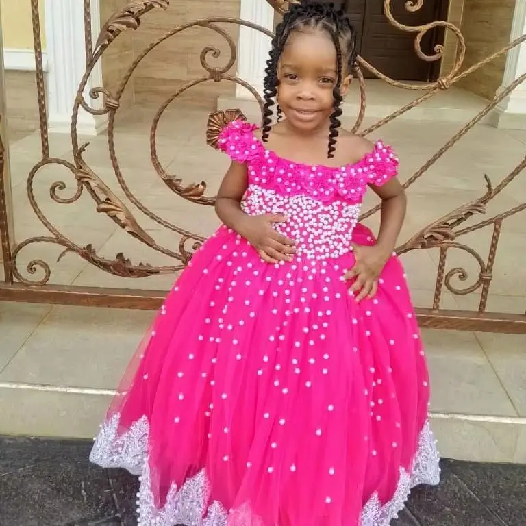 

Customized Rose Pink Flower Girl Dress for Wedding White Lace Pearls Sleeveless Cute Birthday Kids Party First Communion Gowns