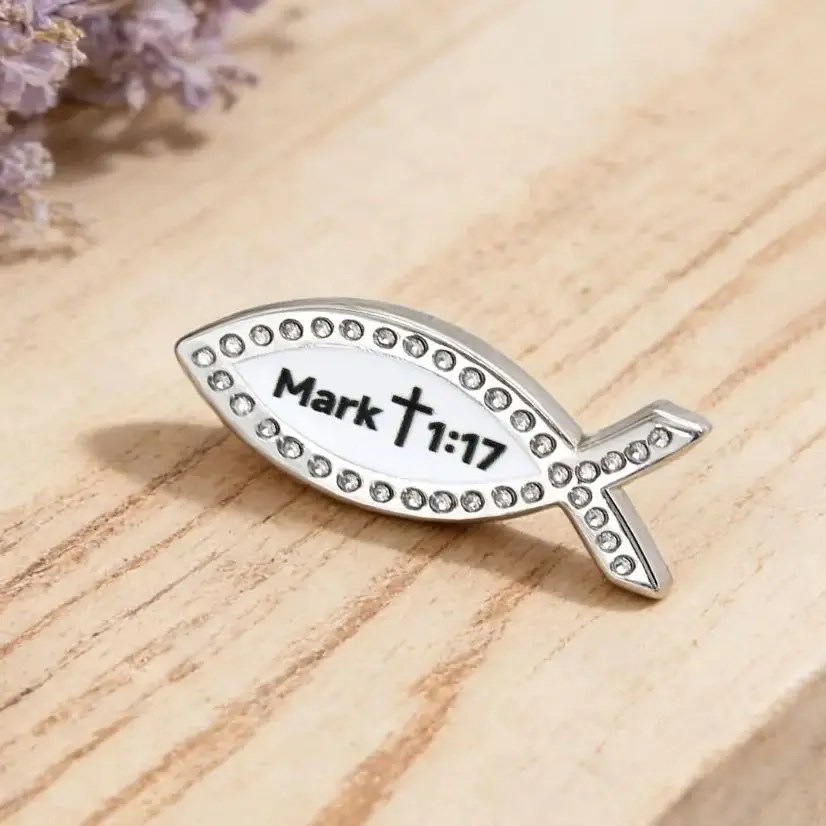 Rhinestone Christian Jesus Fish Pin Mark 1:17 Scripture Brooch Ichthys Metal Badge Religious Accessories Backpack Clothing Decor