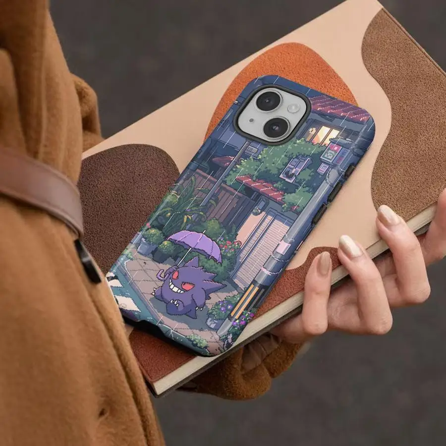 Мягкий чехол-накладка для iPhone 17, 14 Pro Max, XS, XR, 13, 16e, 12 Air, 11, 15 Plus, 16 с дизайном Gengar Rainy Town Art