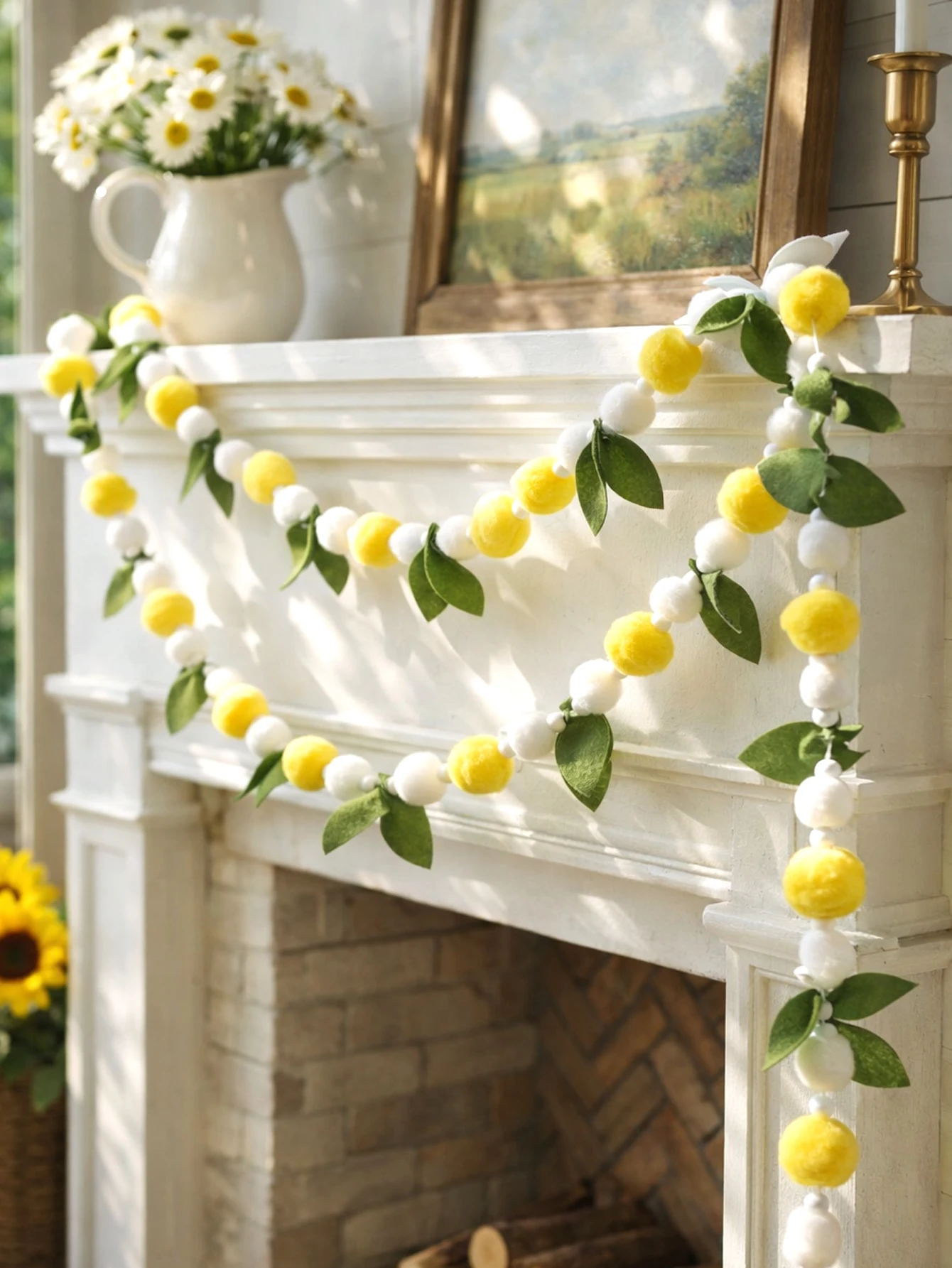 Felt Lemon Pom Pom Garland Leaves String Banner Spring Summer Home Decor for Mantel Fireplace Wedding Party Nursery Wall Hanging