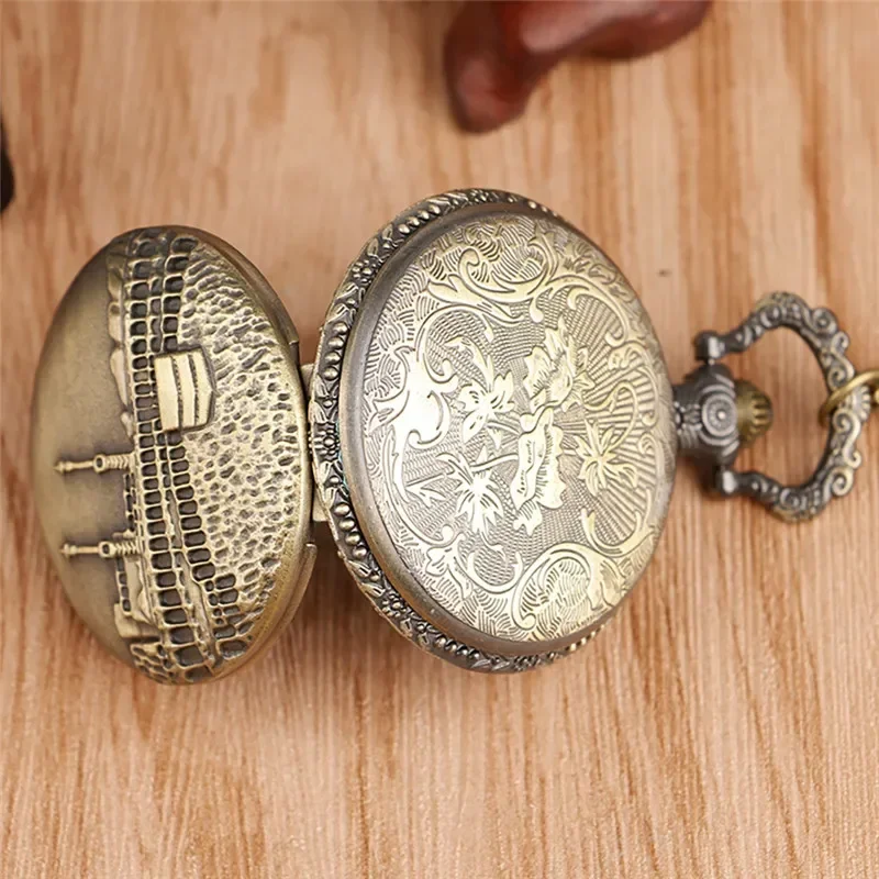 Old Fashion Castle Timepiece Necklace Chain Quartz Pocket Watch for Men Women Sweater Pendant Arabic Number Display Clock Gift