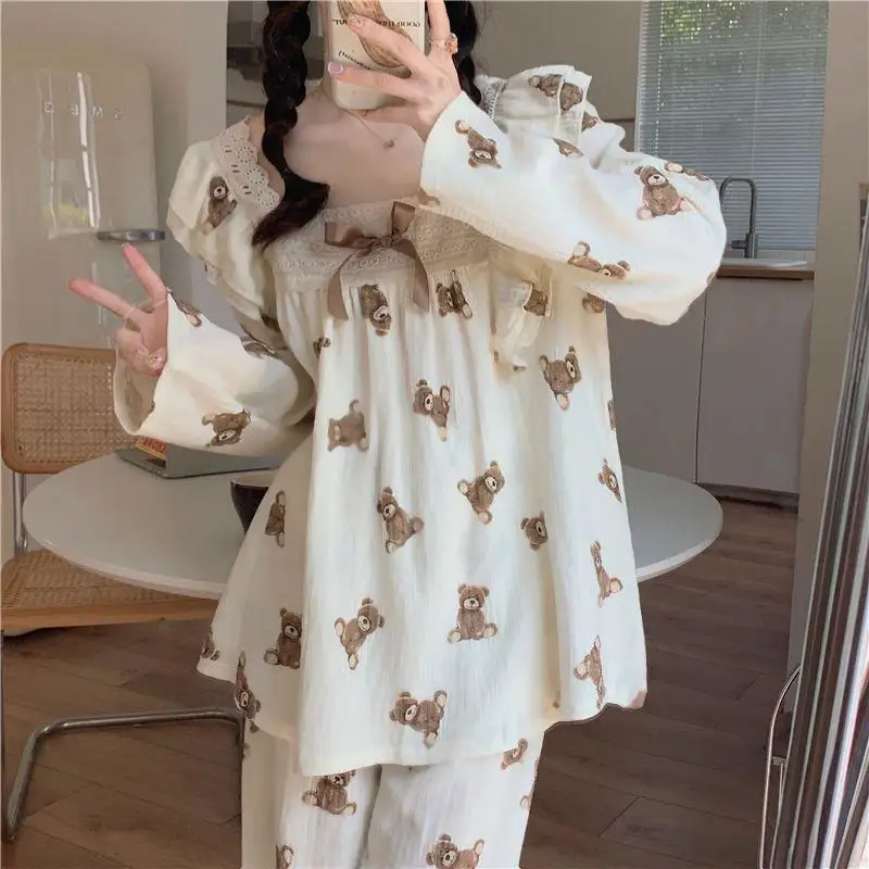 Cute Autumn Bear Bow Long Sleeve Long Pants Pajamas Women New Winter 2024 Loungewear Set Women