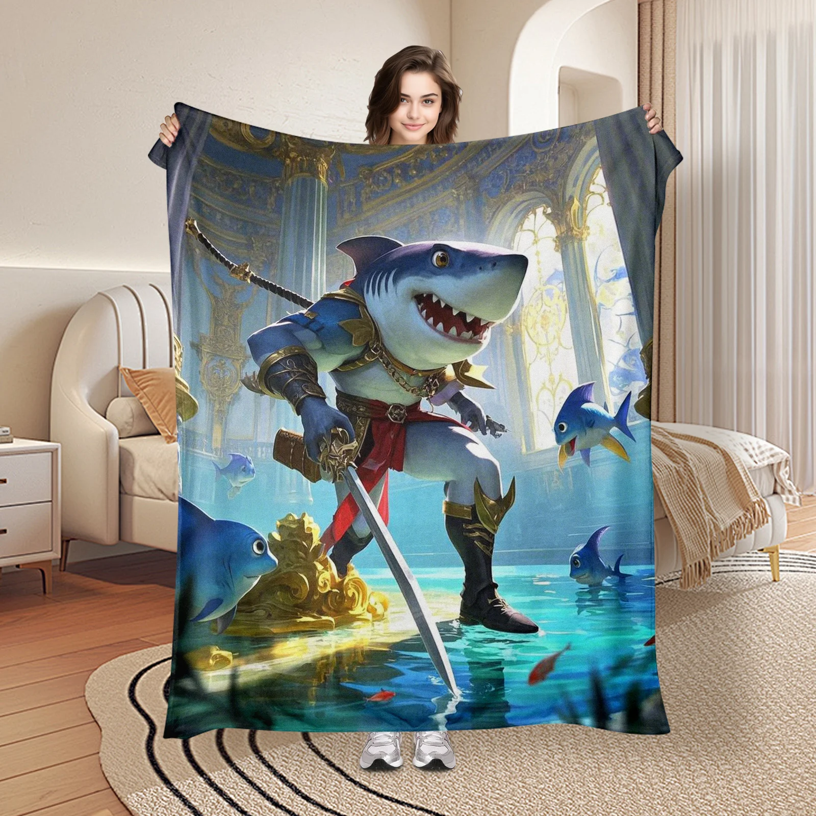 Royal Shark Blanket With Guard Inspired Design And Fantasy Elements For A Regal And Imaginative Home Decor Theme