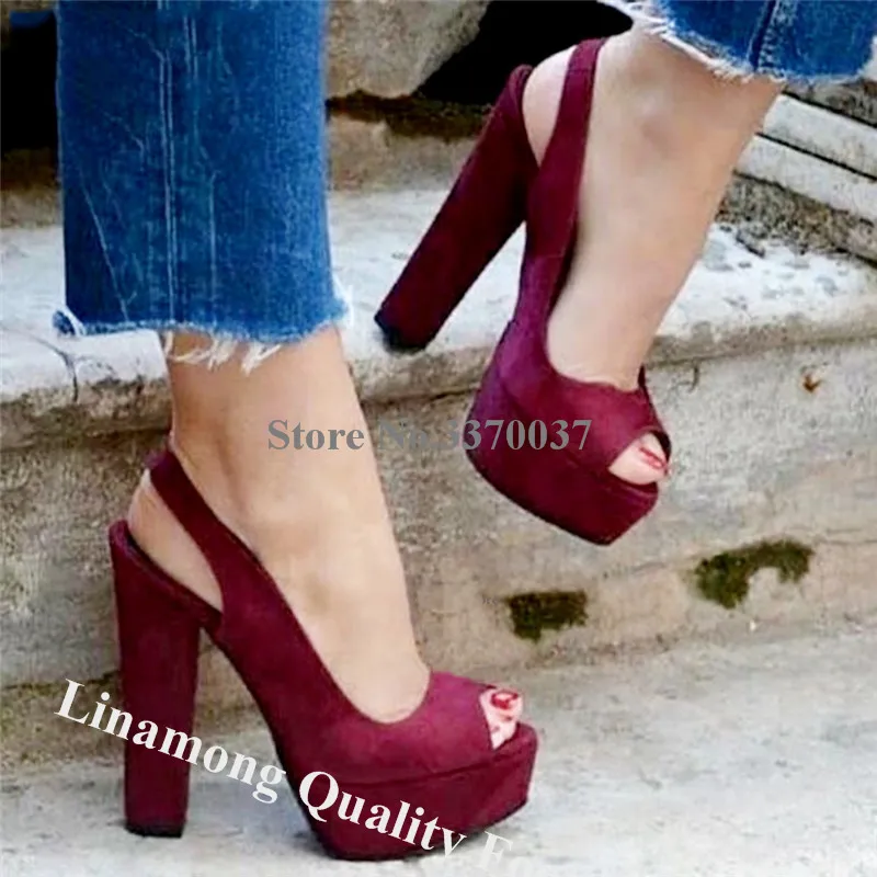 Purple Suede Chunky Heel Pumps Linamong Elegant Peep Toe High Platform Thick Heel Shoes Blue Red Party Dress High Heels Big Size