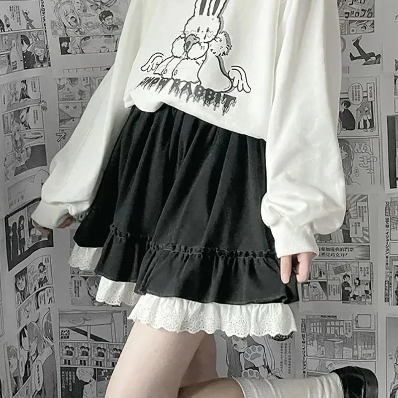 Kawaii Black Mini Skirts Women Lolita Lace Ruffle Patchwork Elastic High Waist Short Skirt Summer Harajuku Japanese Style Girl