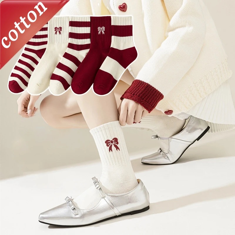 

5 пар женских носков, удобные высококачественные хлопковые носки, красные милые носки в полоску с бантом для девочек, рождественский комплект Kawaii, носки средней длины
