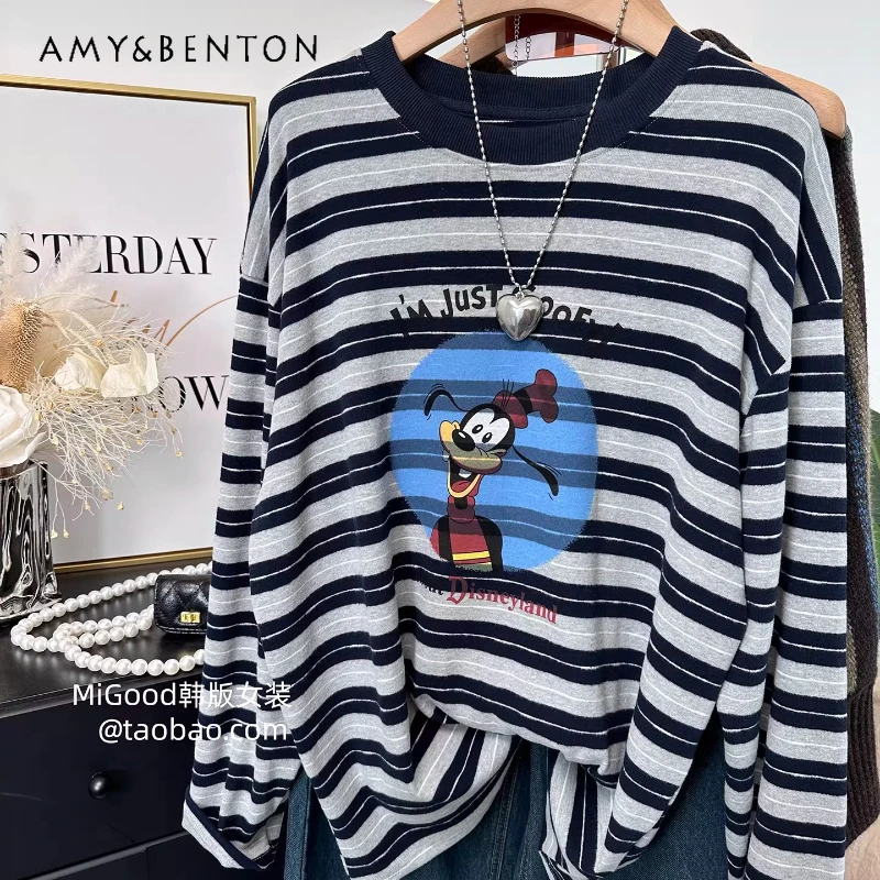 

2026 Spring New Korean Tees Fashion Age-Reducing Cartoon Print Loose Oversized Versatile Striped Long Sleeves T-shirt For Women
