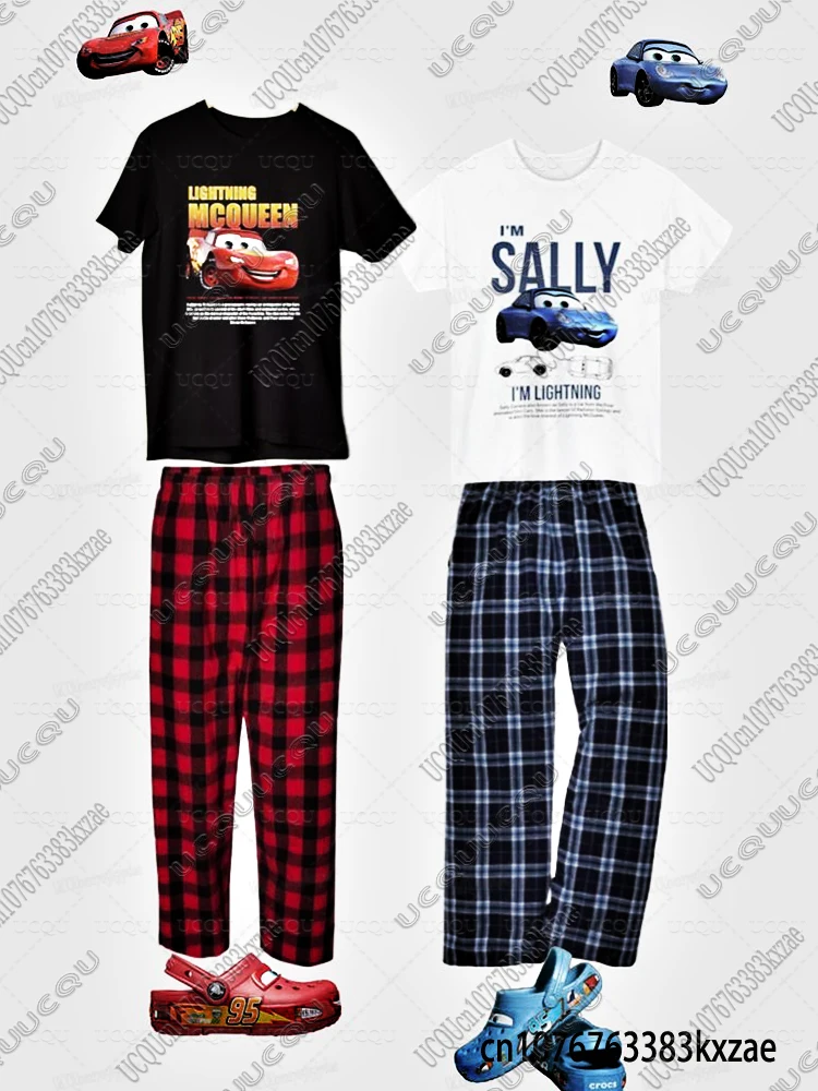 

Летние хлопковые футболки для пар The Car Lightning McQueen&Sally с пижамными штанами, повседневные костюмы большого размера, мужская и женская одежда