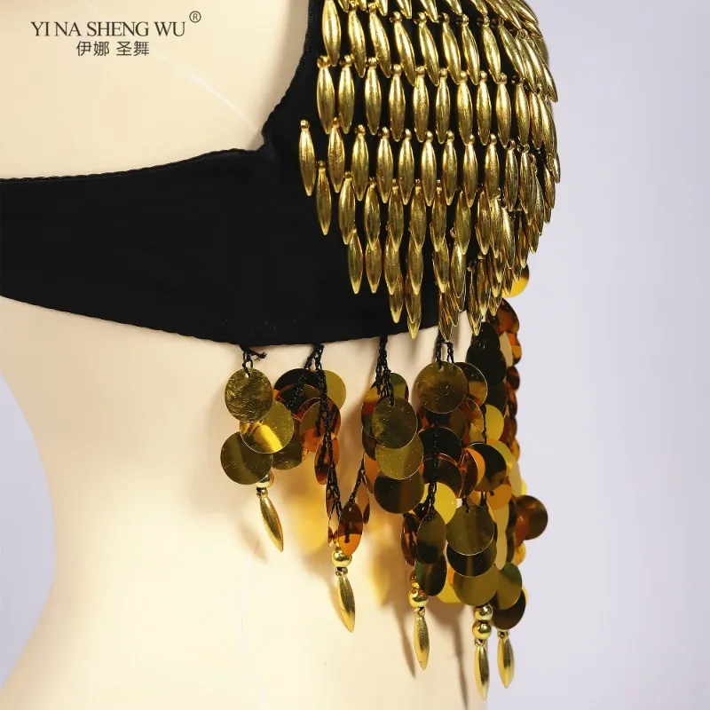 Conjunto de traje de actuación de danza del vientre para mujer, traje de fiesta para club nocturno, monedas, bufanda de cadera, sujetadores con cuentas y brazaletes, Ropa de baile para DJ