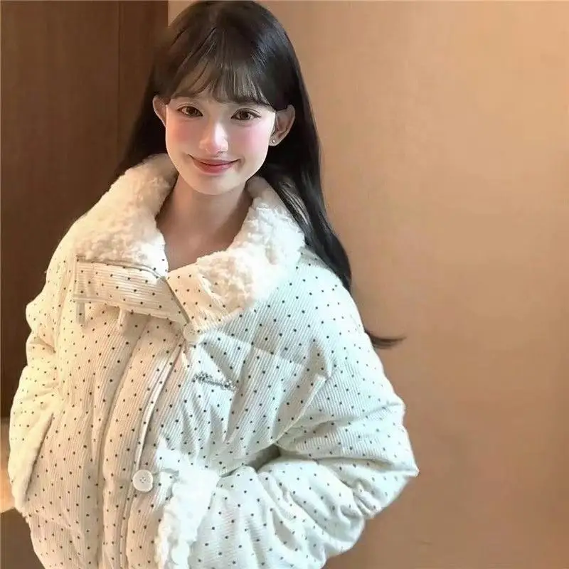 

Sweet Soft Polka Dot Fur Collar down Cotton Jacket Women's Winter Thickened Short Style Korean Style Warm Cotton Coat