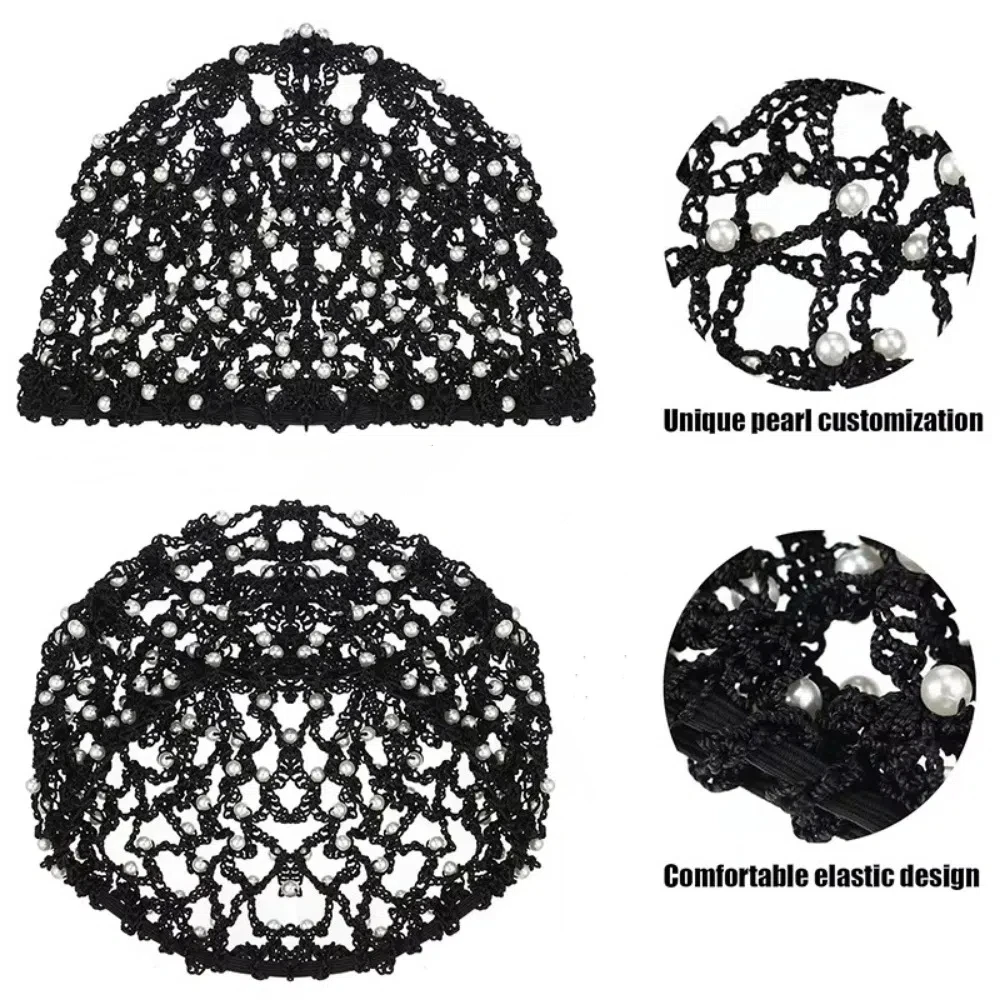 New Pearls Beads Mesh Snood Hair Net Soft Solid Color Rayon Crochet Hairnet Oversize Knit Hat Hair Accessories