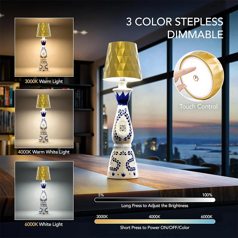 الماس نمط USB قابلة للشحن زجاجة مكتب مصباح التحكم باللمس ثلاثة ألوان التدرج يعتم بار زجاجة ضوء الليل الزخرفية