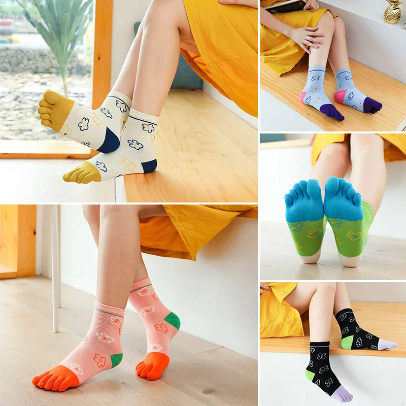 5 Pairs Cute Girls Split Toe Socks Japanese Style Jacquard Women Young Fashion Flower Pattern Knitted Cotton Socks Five Fingers