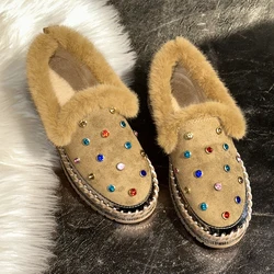 Aphixta Real Mink Fur Shoes Women Flats Luxury Rivets Hand Stitching Winter Shoes Woman Crystals Slip-on Platform Footwear