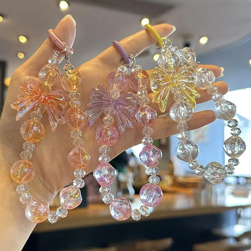 

Jelly Transparent Acrylic Beaded Phone Wrist Lanyard Clear Pendant For Phone Fresh Bag Accessories Female Bow Key Chain B17