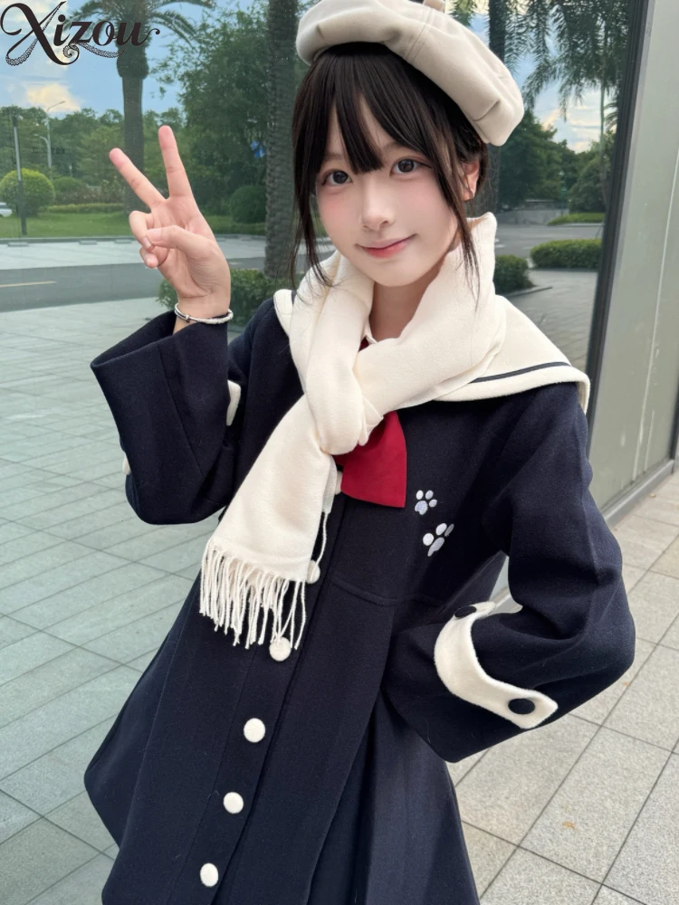 Autumn Winter Japanese College JK Uniform Woolen Coat Petite Women Navy Blue Sailor Collar Red Bow Paw Print Button Cute Slim