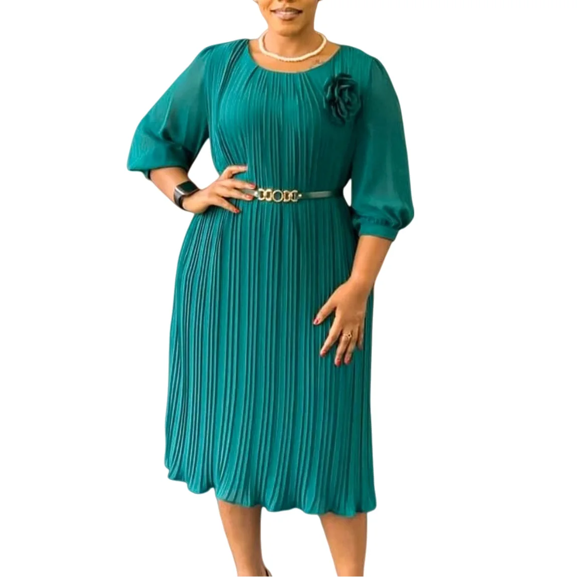 

S-3XL африканские платья больших размеров для женщин, элегантное плиссированное платье миди из полиэстера с рукавами 3/4 и высокой талией Dashiki, африканская одежда