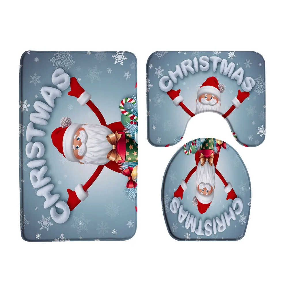 Christmas Decor Xmas Tree Bath Mat Set Santa Claus Winter Snow Red Balls Doormat Bathroom Door Rug Carpet Toilet Seat Lid Cover