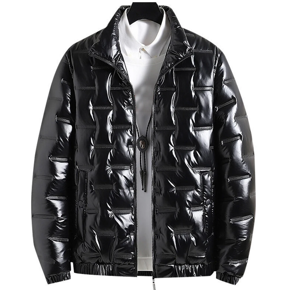 نمط غير رسمي للاستخدام الخارجي سترة فضية للرجال بقلنسوة معطف منتفخ لامع مبطن ملابس خارجية لامعة ملابس شتوية غير رسمية #4