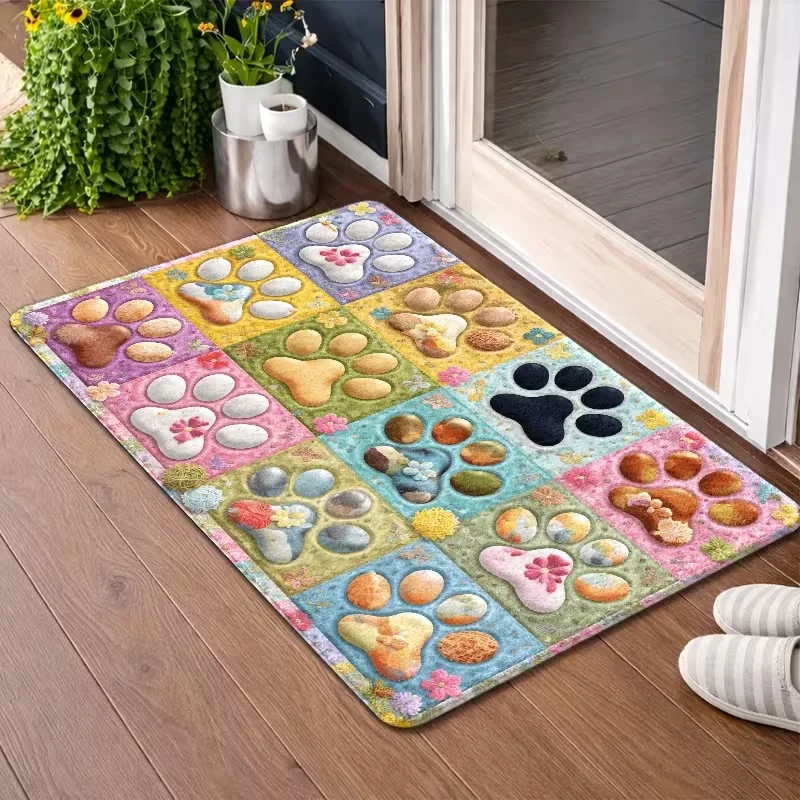 Tapis d'entrée antidérapant à motif floral patchwork et empreintes de pattes, tapis de sol mignon à motif de traces de pattes d'animaux pour la décoration de chambre