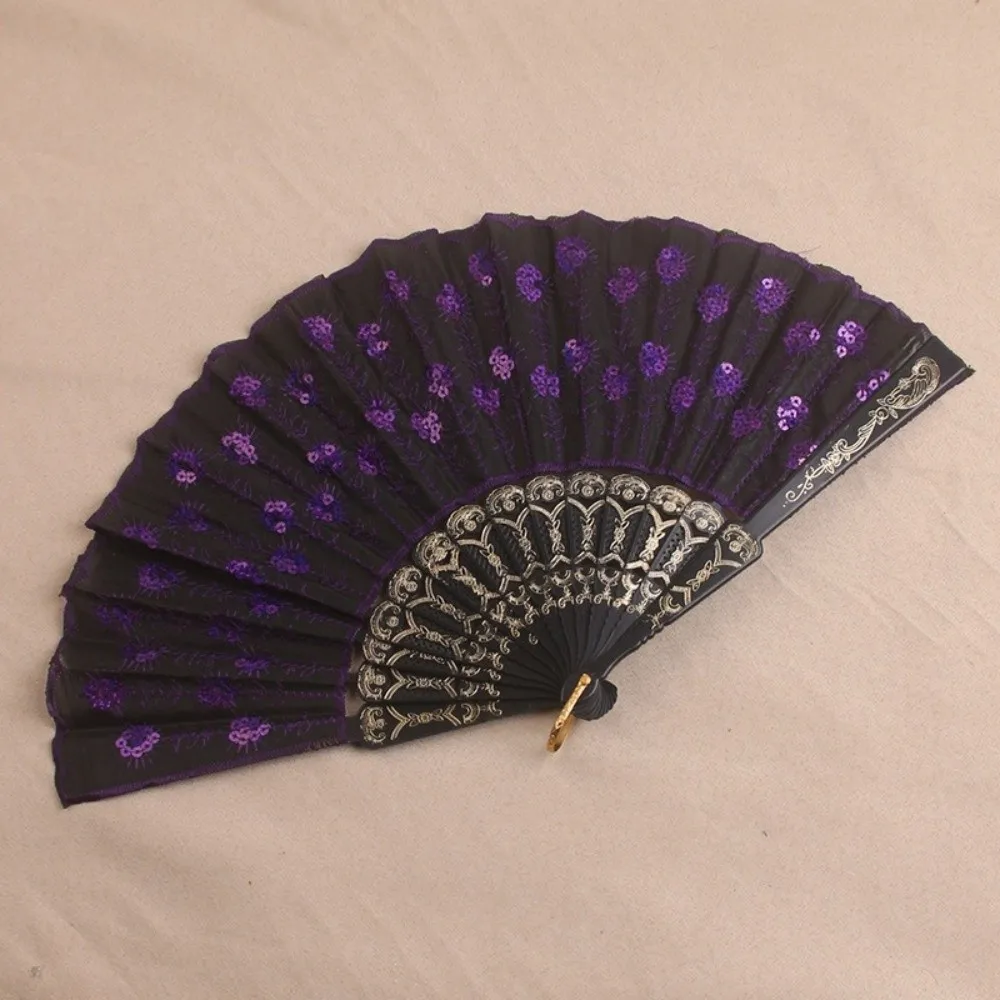 Sequin Embroidery Chinese Folding Fan Folding Peacock Pattern Handheld Fan Plastic Handheld Style Sequin Fan Wedding Party