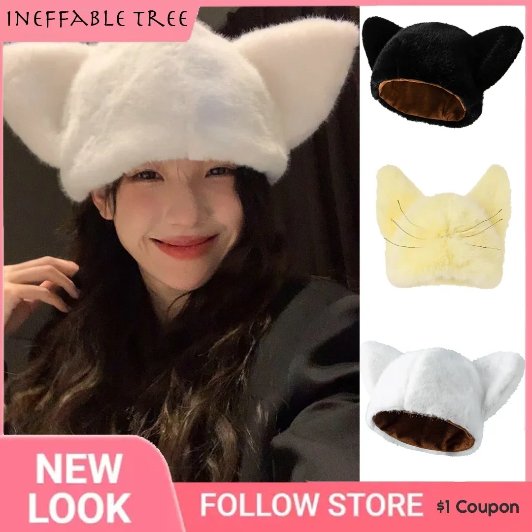 

Japanese Cute Sweet Cat Ears Plush Hats for Women Men Autumn Winter Imitation Mink Hair Thickened Warm Funny Beanies Gorro Ruso