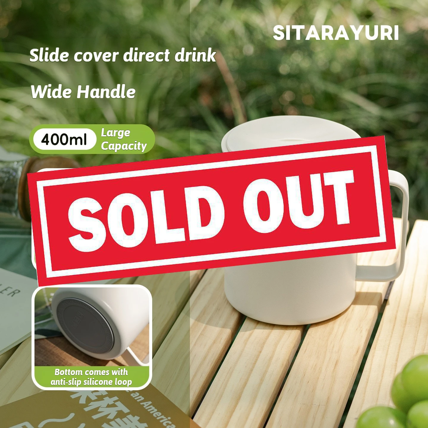 

Портативная термочашка большой емкости 400 мл, кружка из нержавеющей стали с выдвижной крышкой, широкая ручка для офиса, кемпинга на открытом воздухе