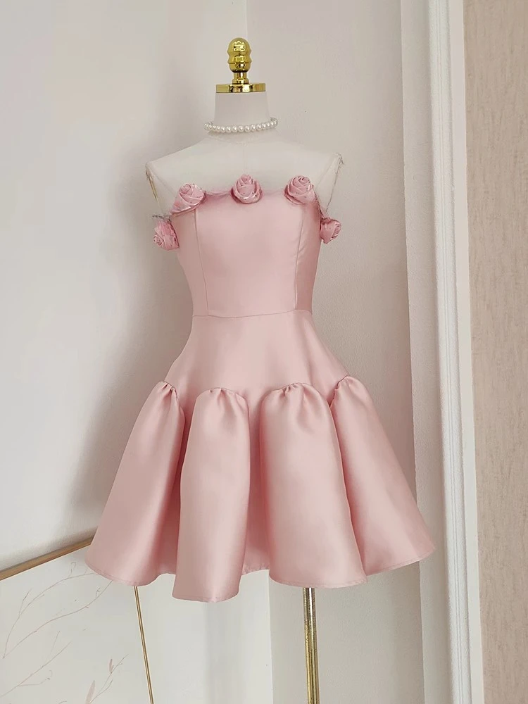 

Розово-красное атласное элегантное платье для женщин с разрезом на шее, элегантная одежда с розовым цветочным принтом, женская уличная одежда, праздничная вечеринка, мини-платья, облегающее платье