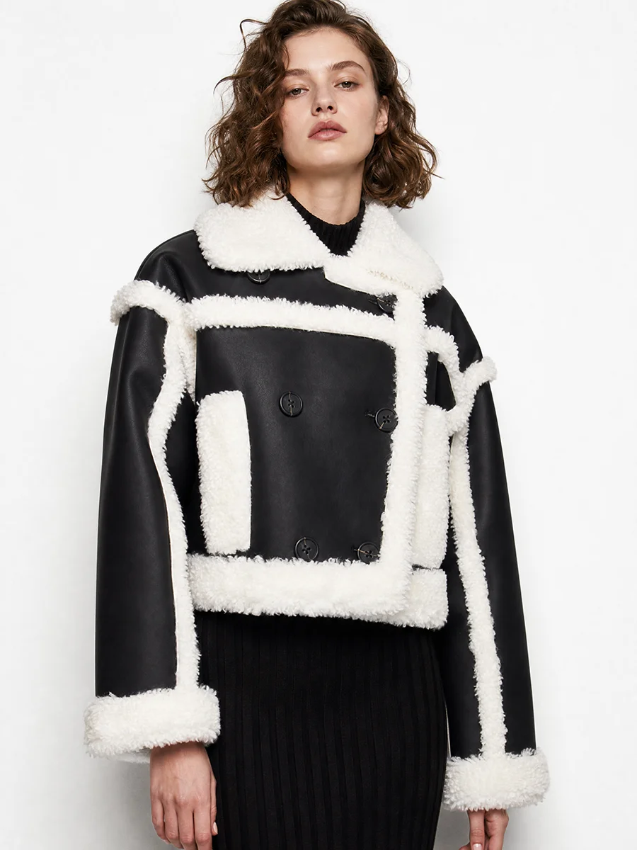 Women's Faux Leather Jacket Double Breasted Cropped Sherpa Trim Black White Winter Warm Shearling Coat Retro Chic Fashion