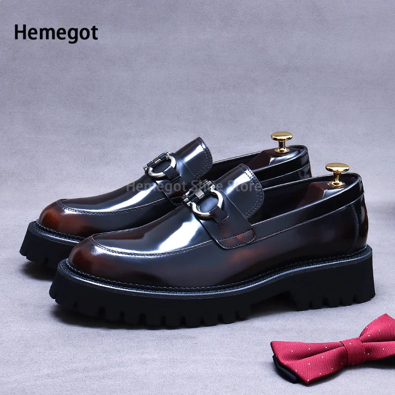 Thick Sole Leather Shoes Men\'s Metal Decoration Business Formal Round Toe Casual Cowhide Leather British Style Leather Shoes