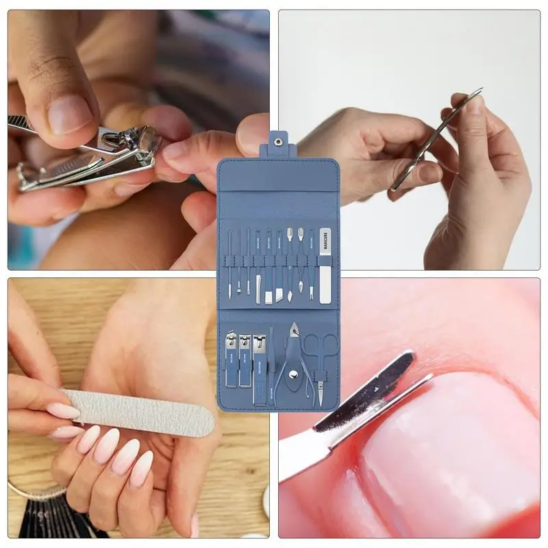 Kit de manicura y pedicura, cortador de uñas de acero inoxidable, juego de herramientas de aseo, 16 piezas, herramientas de precisión con tijeras y Funda de cuero