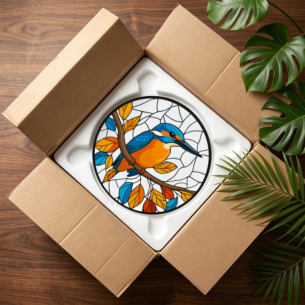 Stained Glass Suncatcher Round Tropical Sunset Beach Palm Tree Hibiscus Flower Window Hanging Decor Home Garden Gift
