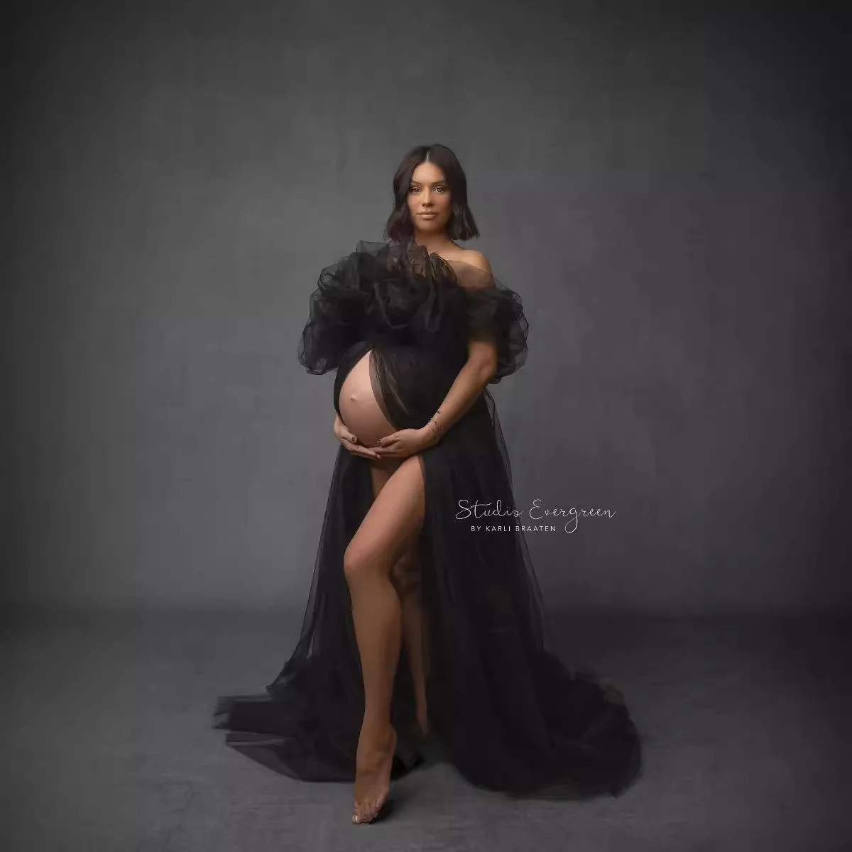 Maternity Photography Dress Photo Tulle Dress One-word Shoulder Off-the-shoulder Split Evening Dress Black Pink