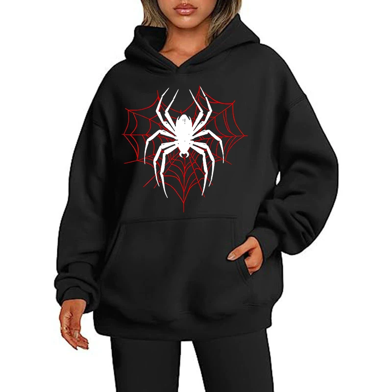 Women's Spider Graphic Gothic Printed Hoodies Casual Vintage Sweashirts Woman Autunm Winter Long Sleeve Hooded Pullovers Clothes