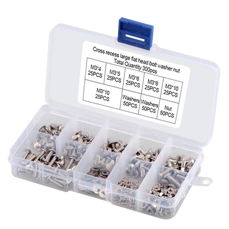 300PCS M3 304 Stainless Steel Cross Recess Large Flat Round Head Machine Screws Kit Phillips Bolt with Washers Nut Set