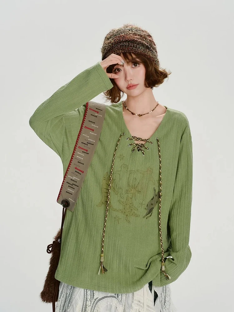 Harajuku Bandage T Shirt Women Vintage Streetwear Cartoon Print V Neck Tees Spring Long Sleeve Loose Casual Green Retro Tops New