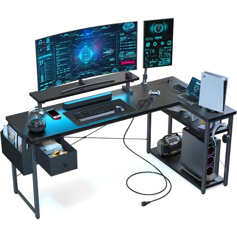 Gaming Desk, L Shaped Gaming Desk, Computer Desk with LED Lights & Adjustable Stand, Power Outlets, Storage Drawer