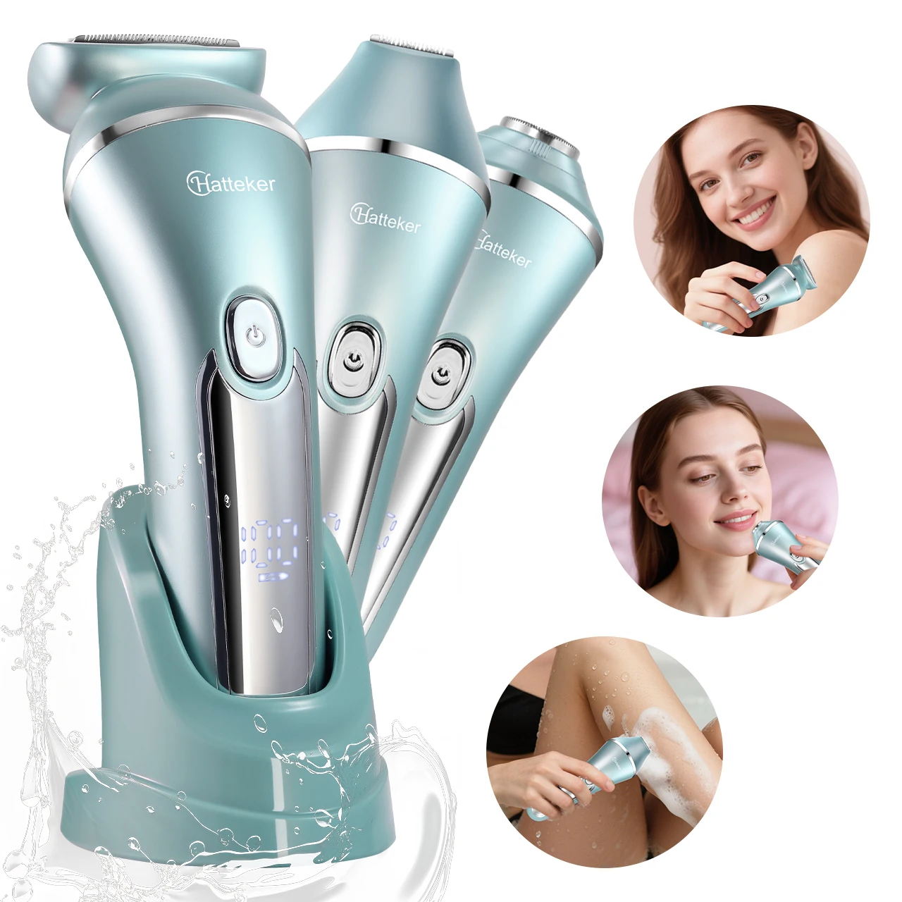 Hatteker 3-in-1-Elektro-Epilierer für Damen, Rasierer für Beine, Arme, Unterarme, Bikini, Haarentfernung, nass/trocken, wiederaufladbarer Haarschneider, USB