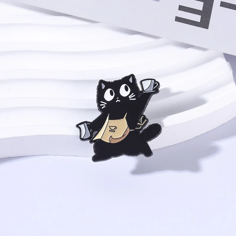 Barista Black Cat Cartoon Enamel Pin Funny Coffee Apron Uniform Cat & Coffee Cup Brooch Bag Lapel Badge Jewelry Gift for Friends view 2