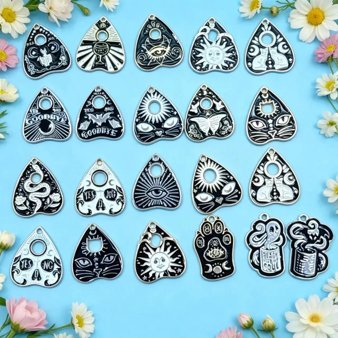 10Pcs/Lot Black Tarot Charms Ouijas Board Charms Cat Charm Sun Enamel Alloy Pendant for DIY Jewelry Making Necklace Earrings
