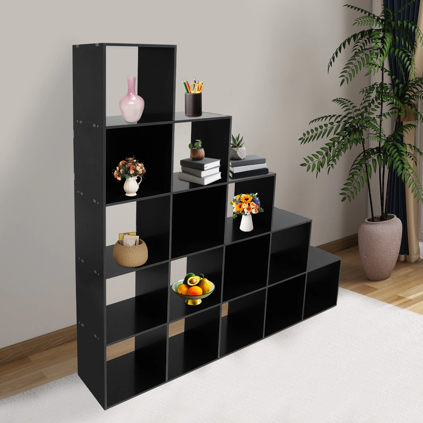 رف زاوية أسود على شكل حرف L من مادة PVC يتضمن تخزين 15 * مقصورات واسعة مع ألواح خلفية، سعة 154.32 رطلًا 146*28*146 سم