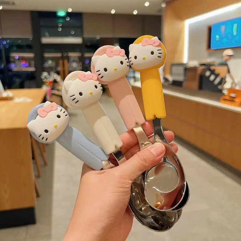 

Ложка Sanrio Hello Kitty из нержавеющей стали 304, ложка для еды с изображением кошки Китти, милая и забавная ложка для десертов и супов, подарок на день рождения для девочек