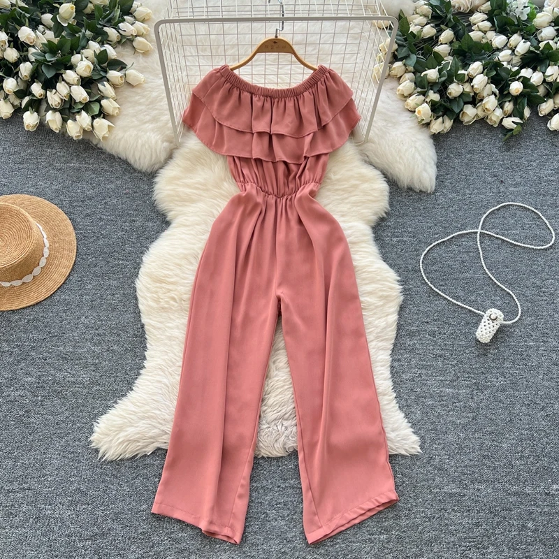 

Chic Summer Jumpsuit 2025 New Vacation Style One Shoulder Lotus Leaf Edge Splicing Waist Cinching Casual Wide Leg Pants