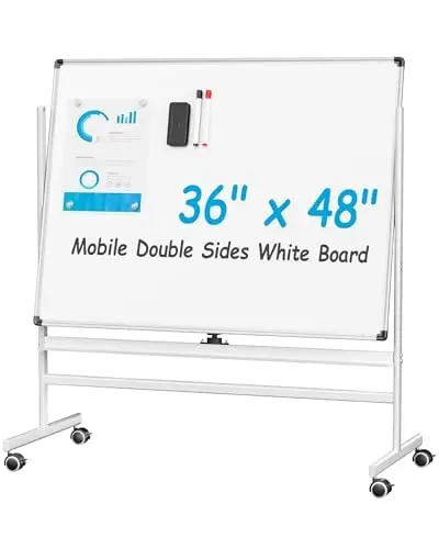 

Двусторонняя мобильная белая доска на колесах с подставкой, 48'' x 36'', в комплекте с ластиком, маркерами и магнитными кнопками для дома, офиса, школы