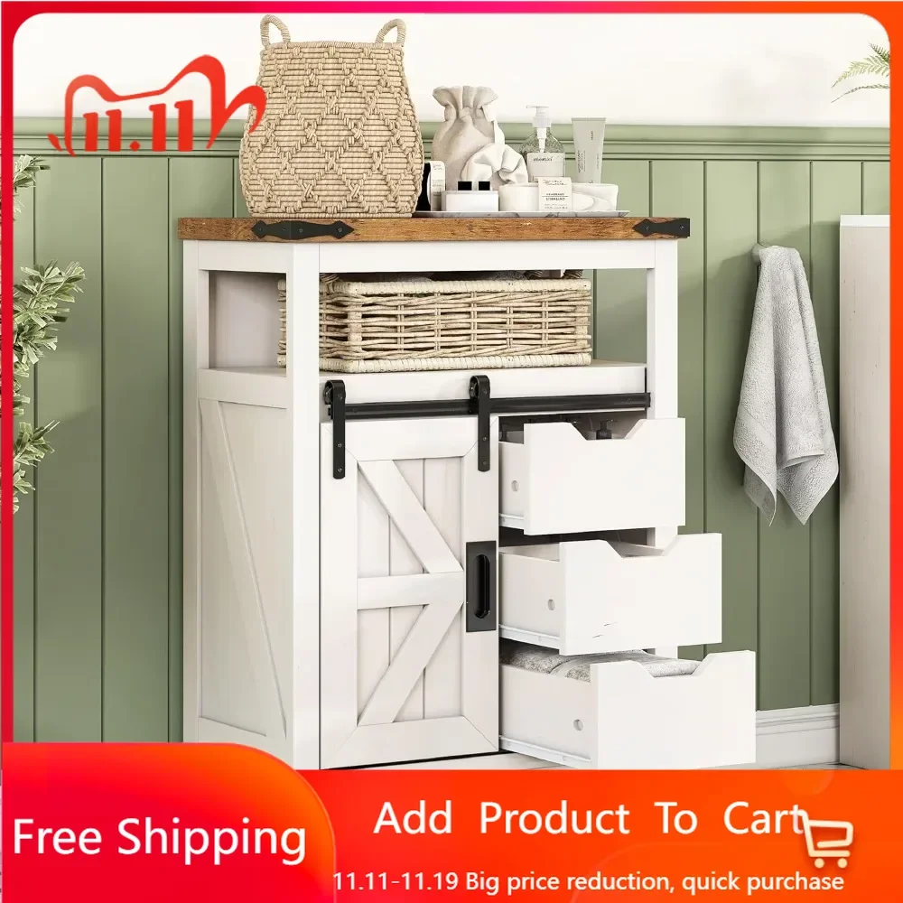 Bathroom Floor Cabinet, Bathroom Storage Cabinet with Sliding Barn Door & 3  Drawers, Storage Cabinet Freestanding for Bathroom