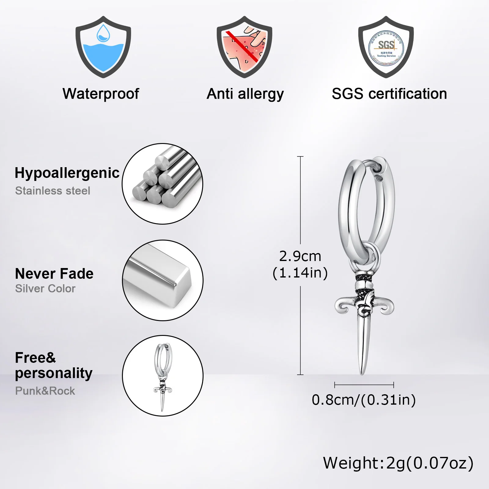 Gothic Sword Shaped Hoop Earrings for Men Boys,Stainless Steel Cross Earrings,Rock Punk Jewelry Anniversary Birthday Gifts